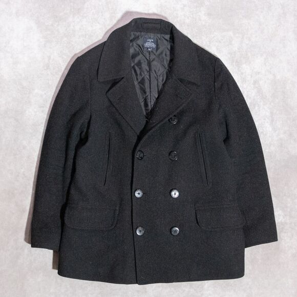 J. Crew Dock Peacoat Black Double Breasted Wool Blend Anchor Buttons Men's Large - Picture 1 of 7